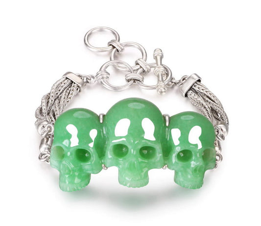 Gem Skull Bracelet of Green Aventurine Carved Skull in 925 Sterling Silver