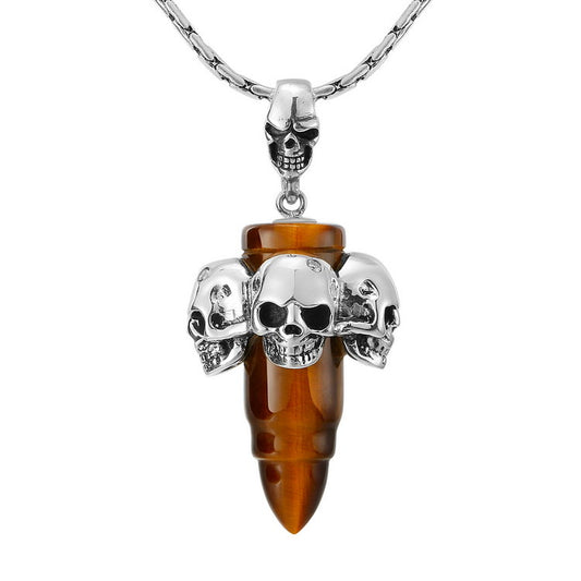 Bullet Necklace-Gem Skull Pendant Necklace of Gold Tiger's Eye Carved Skull with Four Skulls in 925 Sterling Silver