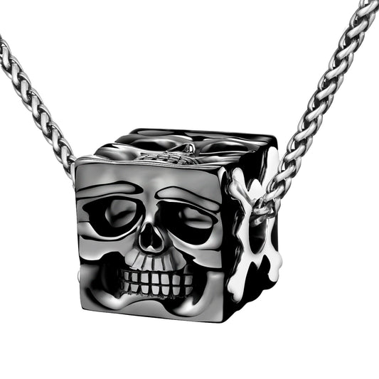 Gem Skull Pendant Necklace of Black Obsidian Carved Cube with Four Skull Faces in 925 Sterling Silver