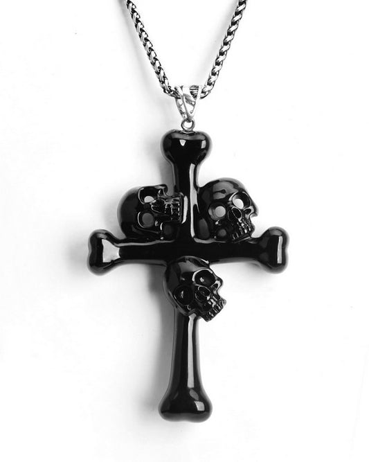 Gem Skull Pendant Necklace of Black Obsidian Carved Skull with Trio and Bones Cross