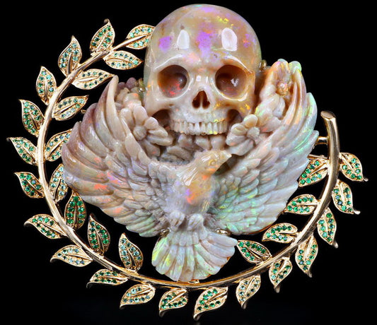 Gem Skull Brooch of Australian Opal Carved Skull with Dove & Flower in 18K Gold-Plated 925 Sterling Silver