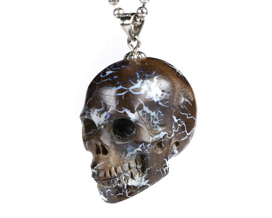 Gem Skull Pendant Necklace of Matrix Opal Carved Skull with Bail in 925 Sterling Silver