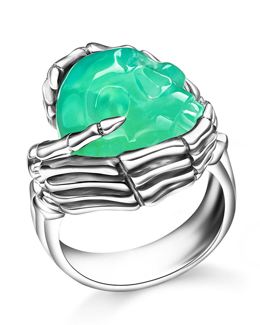 Gem Skull Ring of Chrysoprase Carved Skull with Silver Skeletal Hands in 925 Sterling Silver