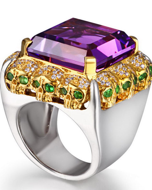 Square of Fate - Gem Skull Ring of Amethyst Carved with Skull Diamond Skulls in 925 Sterling Silver