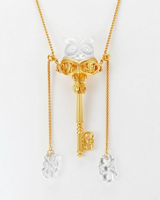 Gem Owl Pendant Necklace of Frosted Quartz Crystal Carved Owl in 18K Gold-Plated 925 Silver