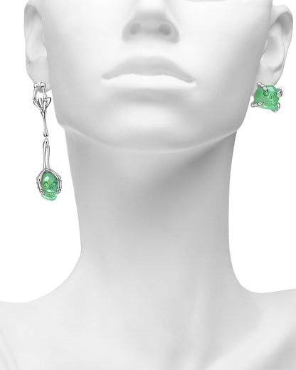 Gem Skull Earrings Of Chrysoprase Carved In 925 Sterling Silver