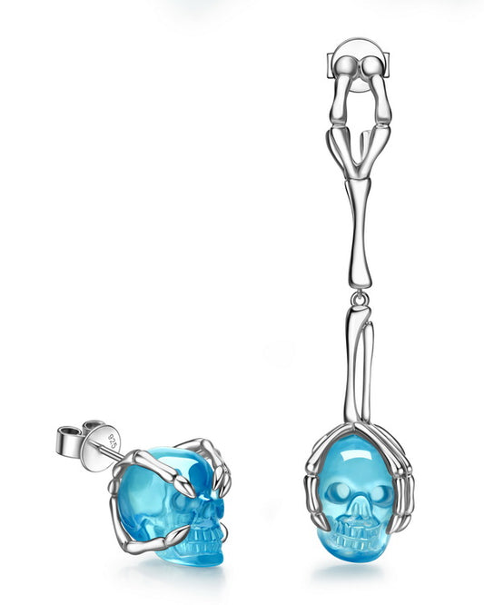 Gem Skull Earrings of Aquamarine Carved Skull in 925 Sterling Silver