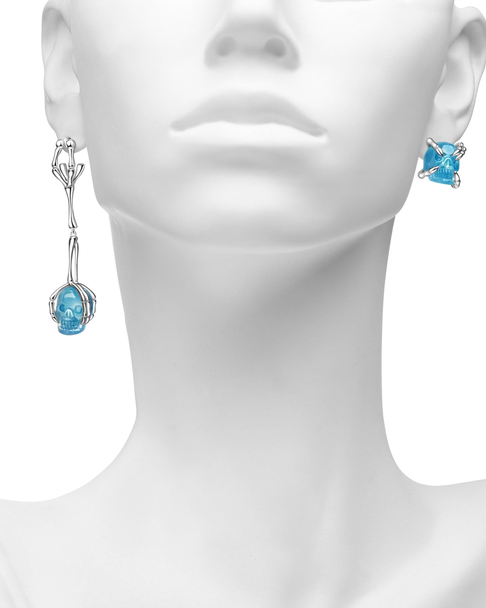 Gem Skull Earrings Of Aquamarine Carved In 925 Sterling Silver