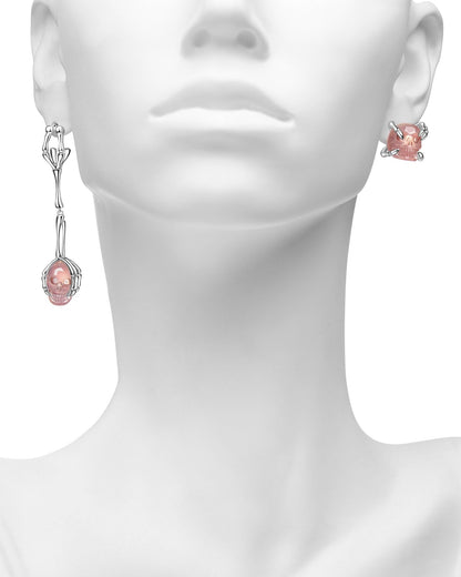 Gem Skull Earrings Of Rose Quartz Carved In 925 Sterling Silver