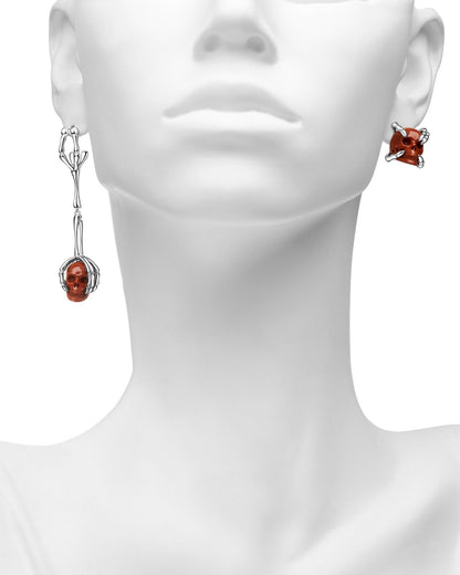 Gem Skull Earrings Of Red Jasper Carved In 925 Sterling Silver