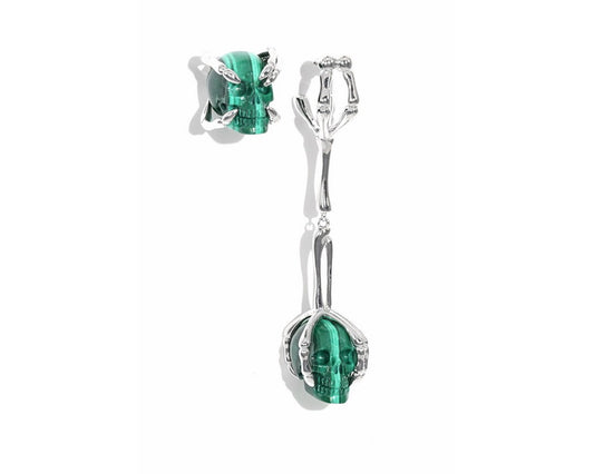The Keeper's Reach - Gem Skull Earrings of Malachite Carved Skull, 925 Sterling Silver