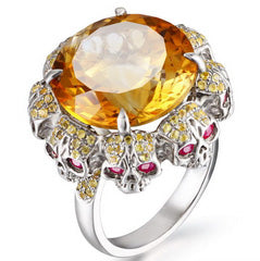 Circle of Fate - Gem Skull Ring of Round Cut Citrine Carved with Skull Ruby Eyes Skulls in 925 Sterling Silver