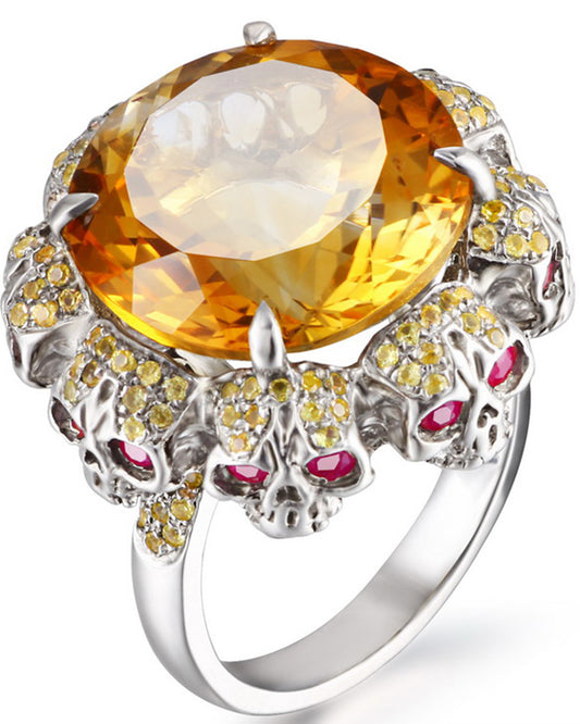 Circle of Fate - Gem Skull Ring of Round Cut Citrine Carved with Skull Ruby Eyes Skulls in 925 Sterling Silver