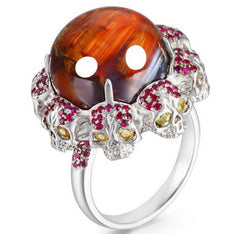 Circle of Fate - Gem Skull Ring of Round Cut Red Pietersite Carved with Skull Ruby Skulls in 925 Sterling Silver