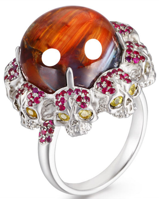 Circle of Fate - Gem Skull Ring of Round Cut Red Pietersite Carved with Skull Ruby Skulls in 925 Sterling Silver