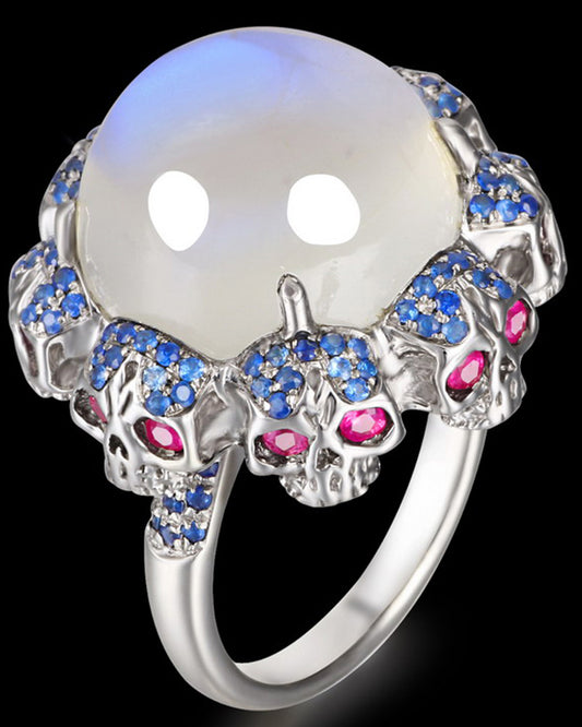Circle of Fate - Gem Skull Ring of Round Cut Moonstone Carved with Skull Ruby Skulls in 925 Sterling Silver