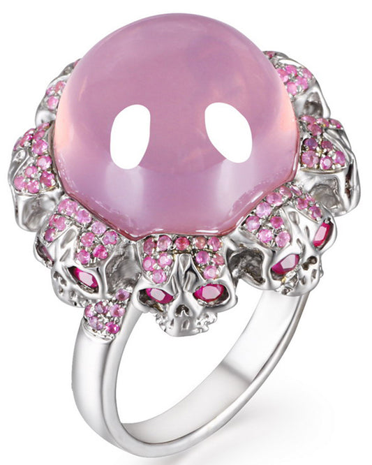 Circle of Fate - Gem Skull Ring of Round Cut Rose Quartz Carved with Skull Ruby Skulls in 925 Sterling Silver
