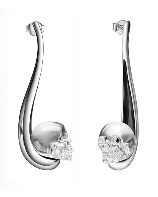 Gem Skull Earrings of Quartz Rock Crystal Carved Skull in 925 Sterling Silver