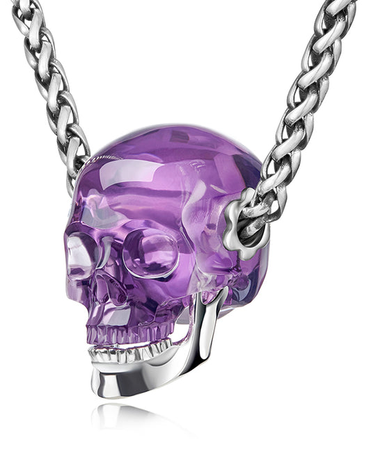 Gem Skull Pendant Necklace of  Amethyst Crystal Carved Skull with Detachable Silver Jaw in Sterling Silver