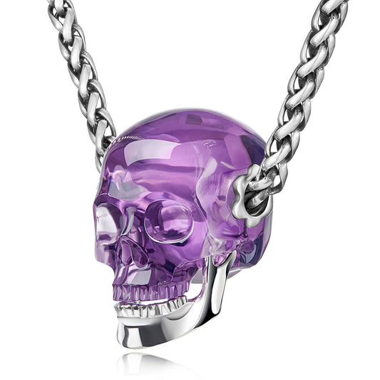 Gem Skull Pendant Necklace of  Amethyst Crystal Carved Skull with Detachable Silver Jaw in Sterling Silver