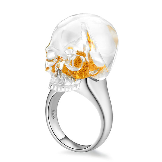 Gem Skull Ring of Quartz Rock Crystal Carved Skull in 925 Sterling Silver