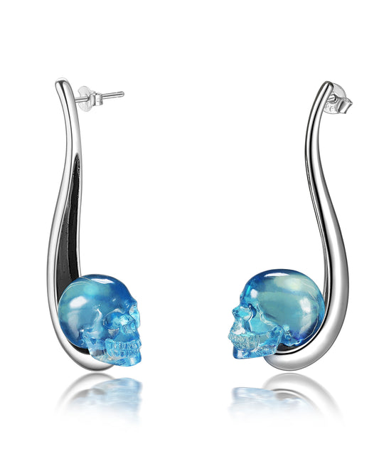 Gem Skull Earrings of Aquamarine Carved Skull in 925 Sterling Silver