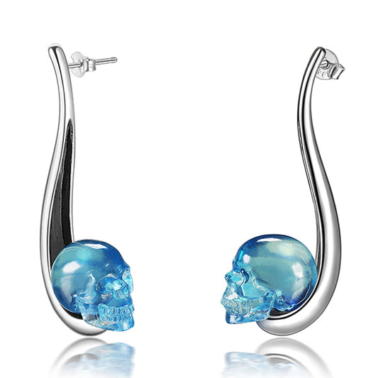 Gem Skull Earrings of Aquamarine Carved Skull in 925 Sterling Silver