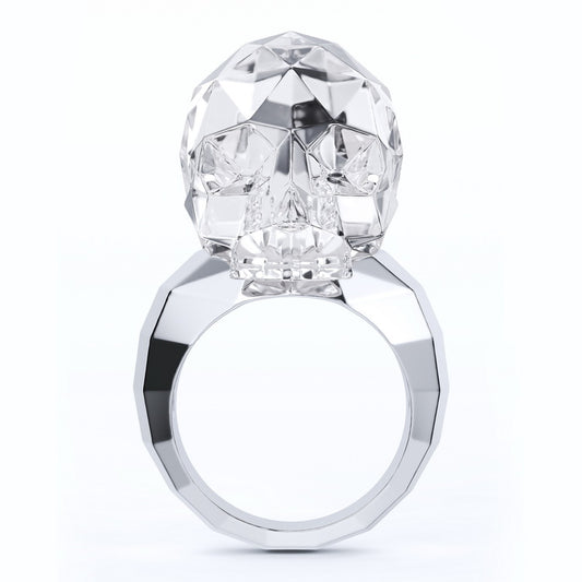 Gem Skull Ring of Faceted Quartz Rock Crystal Carved Skull in 925 Sterling Silver