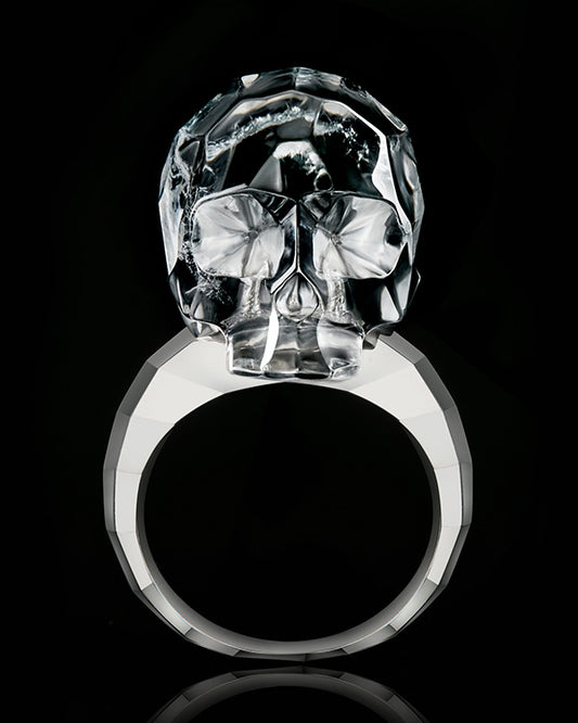 Gem Skull Ring of Faceted Quartz Rock Crystal Carved Skull in 925 Sterling Silver