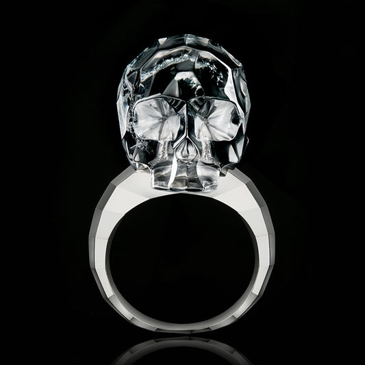 Gem Skull Ring of Faceted Quartz Rock Crystal Carved Skull in 925 Sterling Silver