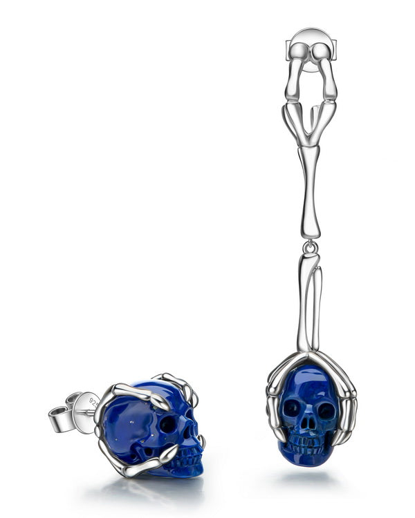 Silver skull earrings Skull gift for her factory Sapphire and black gems