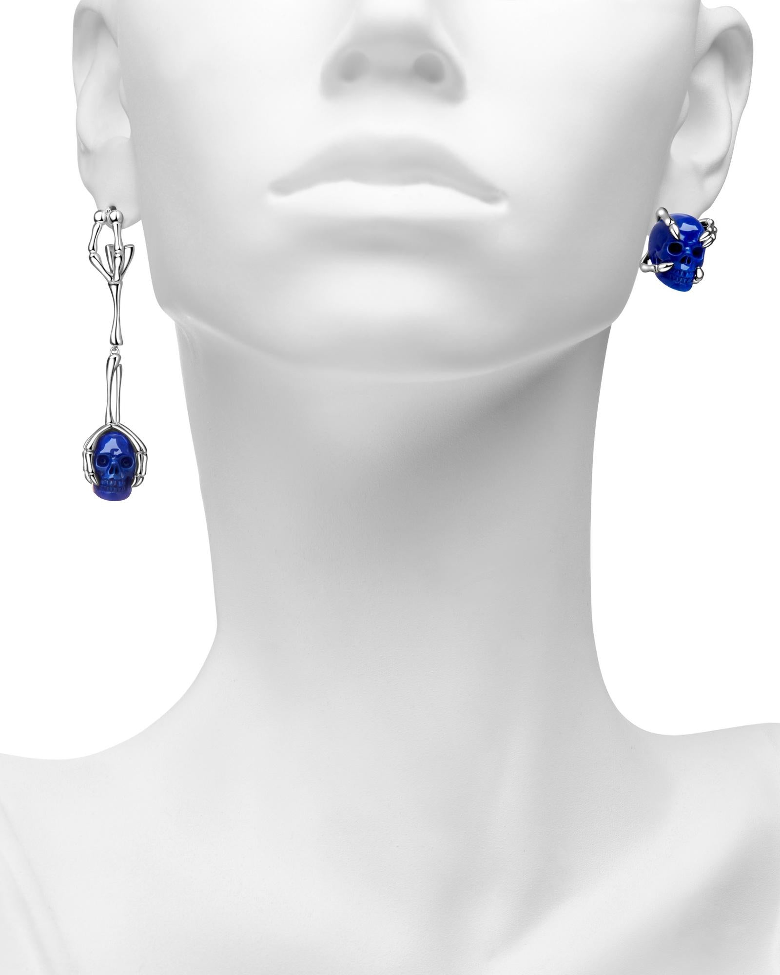 Gem Skull Earrings Of Lapis Lazuli Carved Skull In 925 Sterling Silver