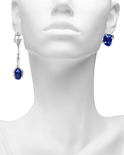 Gem Skull Earrings Of Lapis Lazuli Carved Skull In 925 Sterling Silver