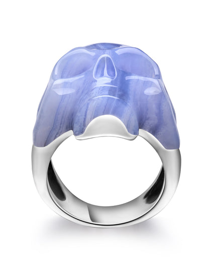 Skullis Signature Blue Lace Agate Gem Skull Ring Hand Carved Sterling Silver For Women & Men Rings