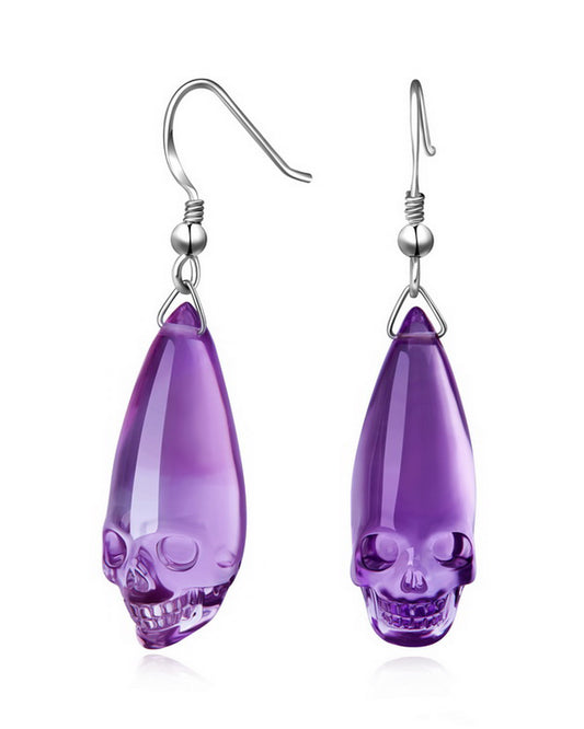 Gem Skull Earrings of Amethyst Carved Skull