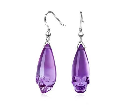 Gem Skull Earrings of Amethyst Carved Skull