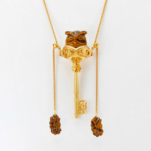 Gem Owl Pendant Necklace of Gold Tiger's Eye Carved Owl in 18K Gold-Plated 925 Silver