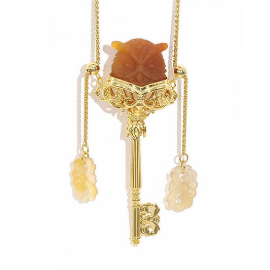 Gem Owl Pendant Necklace of Carnelian Carved Owl in 18K Gold-Plated 925 Silver