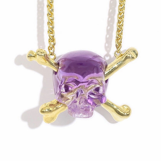 Gem Skull Pendant Necklace of Amethyst Carved Skull with Crossbones in 18K Gold-Plated 925 Sterling Silver