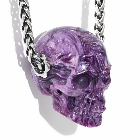 Skullis Signature Russian Charoite Gem Skull Pendant or Necklace, Hand Carved, Sterling Silver 925 Chain, for Women & Men