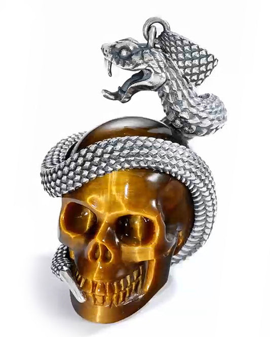 Gem Skull Pendant Necklace of  Gold Tiger's Eye Crystal Carved Skull with Sterling Silver Snake
