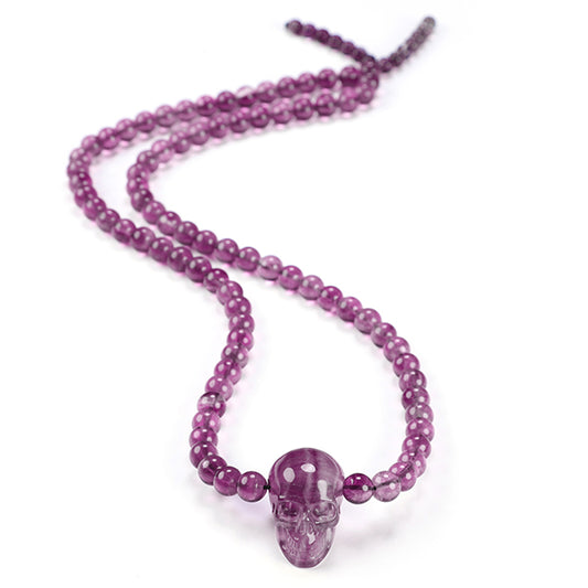 Gem Skull Pendant Necklace of Fluorite Carved Skull and Beads