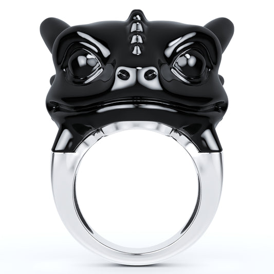 Gem Skull Ring of Black Obsidian Carved Toothless Dragon with 925 Sterling Silver