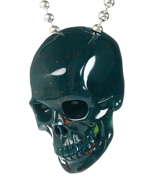 Gem Skull Pendant Necklace of Bloodstone Carved Hollow Skull with 925 Silver Chain - S0001812