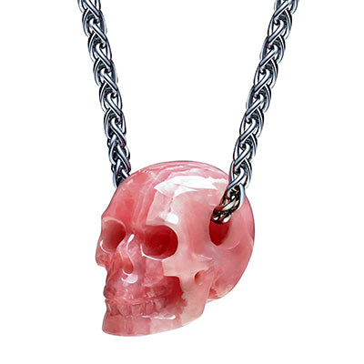 Minimalist Skull Pendant - 0.6" Rhodochrosite Gem Skull Pendant or Necklace, Hand Carved, for Women & Men