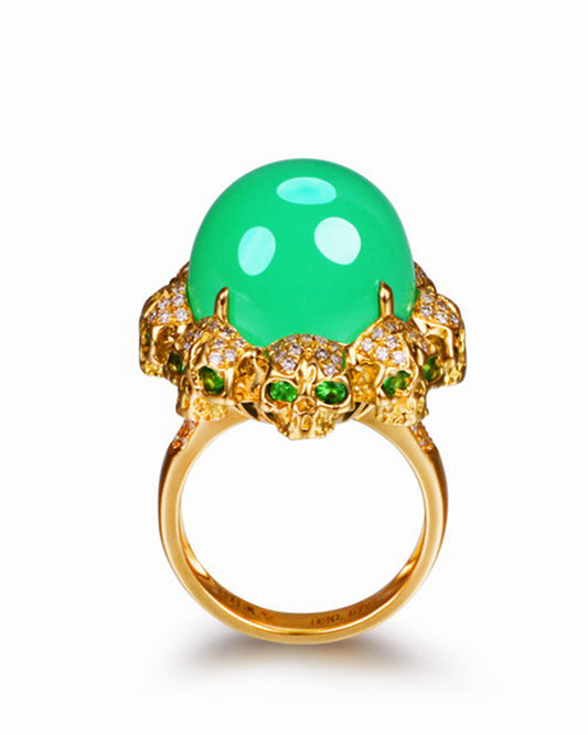 Circle of Fate - Gem Skull Ring of Round Cut Chrysoprase Carved with Skull Diamonds Skulls in 925 Sterling Silver