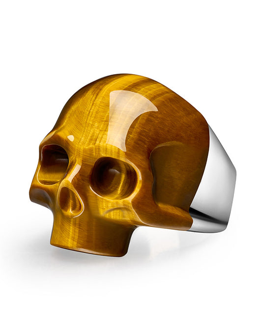 Skullis Signature Gold Tiger's Eye Gem Skull Ring, Hand Carved, Sterling Silver, for Women & Men