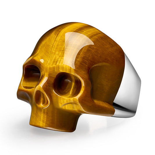 Skullis Signature Gold Tiger's Eye Gem Skull Ring, Hand Carved, Sterling Silver, for Women & Men