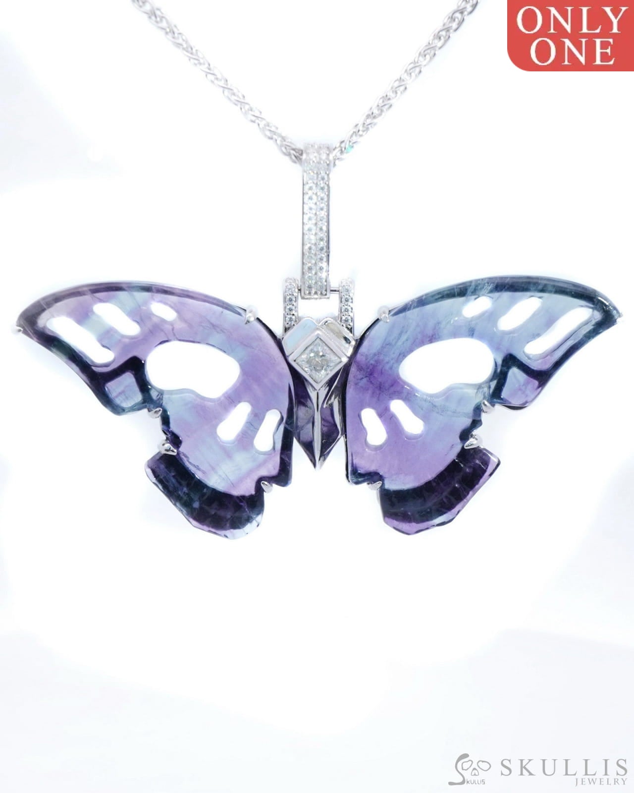 Skullis Signature Fluorite Gem Skull Pendant Or Necklace Hand Carved Sterling Silver 925 Chain For