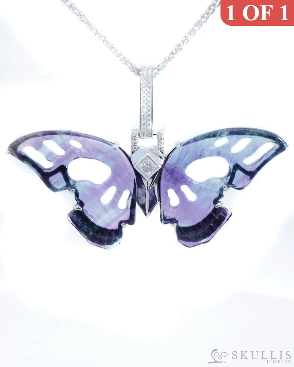 Skullis Signature Fluorite Gem Skull Pendant Or Necklace Hand Carved Sterling Silver 925 Chain For